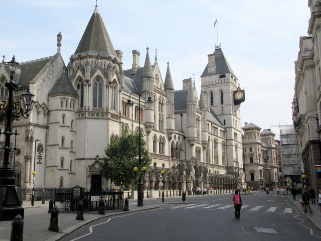 Exterior view of the Royal Courts of Justice in London.