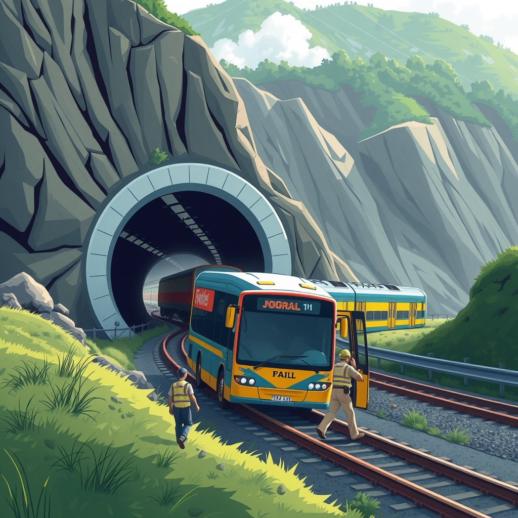 Editorial illustration for Bus Hits Train at Channel Tunnel, 19 Injured